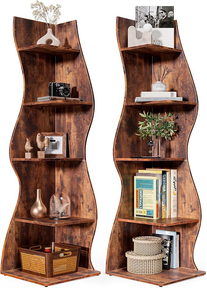 LITTLE TREE Small Corner Shelf, Modern 5-Tier Wall Corner Bookshelf, Stylish Bookcase Storage Rack for Small Space, Living Room, Bedroom