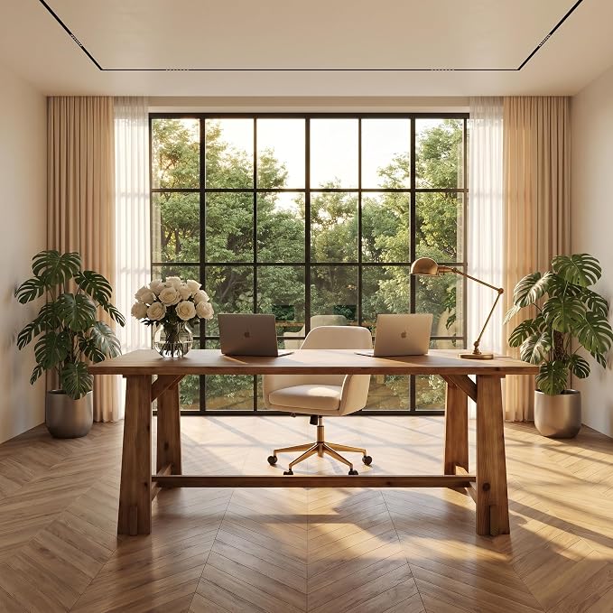 LITTLE TREE 63" Long Large Wood Desks, Solid Wood Office Desk | Farmhouse Executive Computer Desk, Large Work Writing Table, Rustic Brown Business Furniture for Home