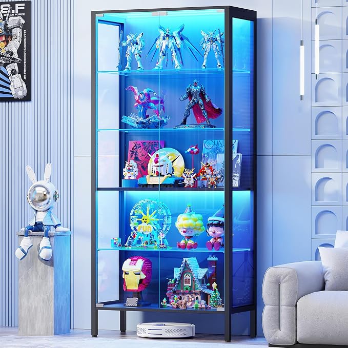 Glass Display Cabinet, 5-Tier Display Case with Adjustable Glass Shelves, Metal Curio Cabinet with 3 Color Lights for Collectibles, Bookcase with Human Body Sensor, Black
