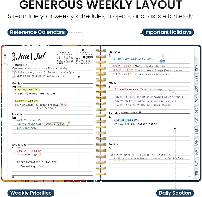 Academic Planner 2026-2027, Jul 2026-Jun 2027 Monthly & Weekly Planner