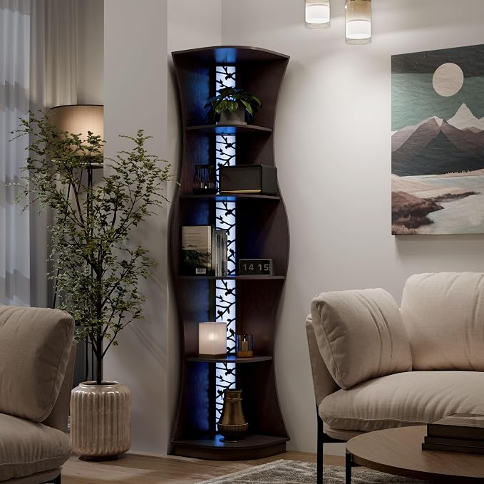 Homes: Inside + Out Connelly Modern 5 Shelf LED Bookcase, Unique Thin Wood Bookshelf with Storage and Remote, Office Shelving,Tall Book Shelf for Bedroom, Living Room and Small Spaces, Cappuccino