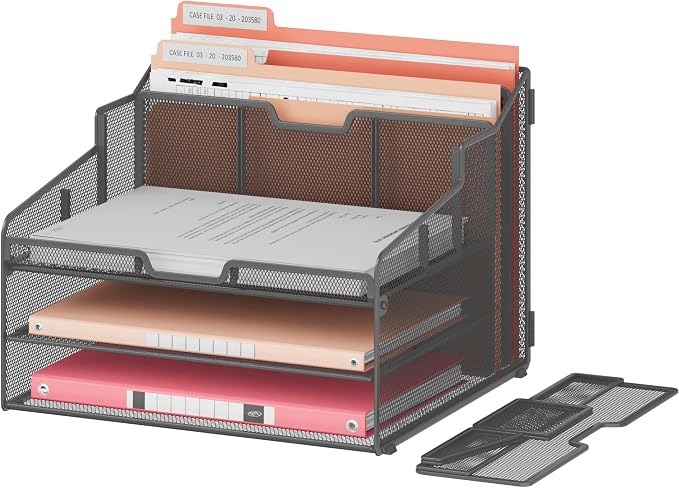 Lavatino Desk Paper File Organizer - Metal Mesh with 2 Letter Trays, 7 Flexible Dividers, 2 Vertical File Folder Holders for Office/Home/Classroom Supplies, Desk Organizers and Accessories, Grey