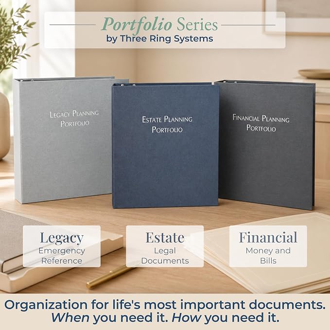 TRS Legacy Planning Portfolio | Important Documents Organizer Binder Kit, Family Emergency Organizer for Medical, Insurance, Passwords & Pets, 1.5" D-Ring with Pre-Labeled Tabs | Charcoal Gray Linen