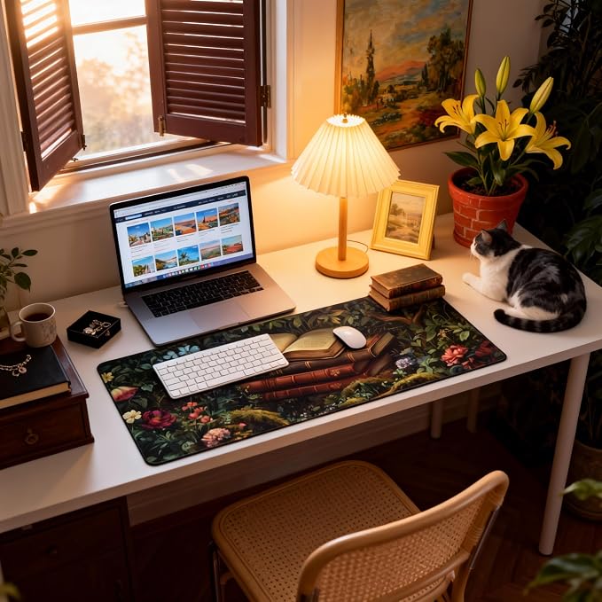 Floral Aesthetic Book Gaming Mouse Pad, Forest Green Moody Forest Desk Mat with Anti-Slip Base & Stitched Edges,35.4" x 15.7" in Desk Accessories for Women, Home Office Decor & Artistic Gift