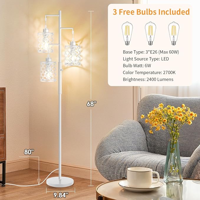 Dimmable Floor Lamp, Farmhouse Standing Lamp with Elegant Metal Cage, Industrial Tall Tree Floor Lamps for Living Room Bedroom Study Room Office, 3 x 800LM LED Bulbs Included - 68", White