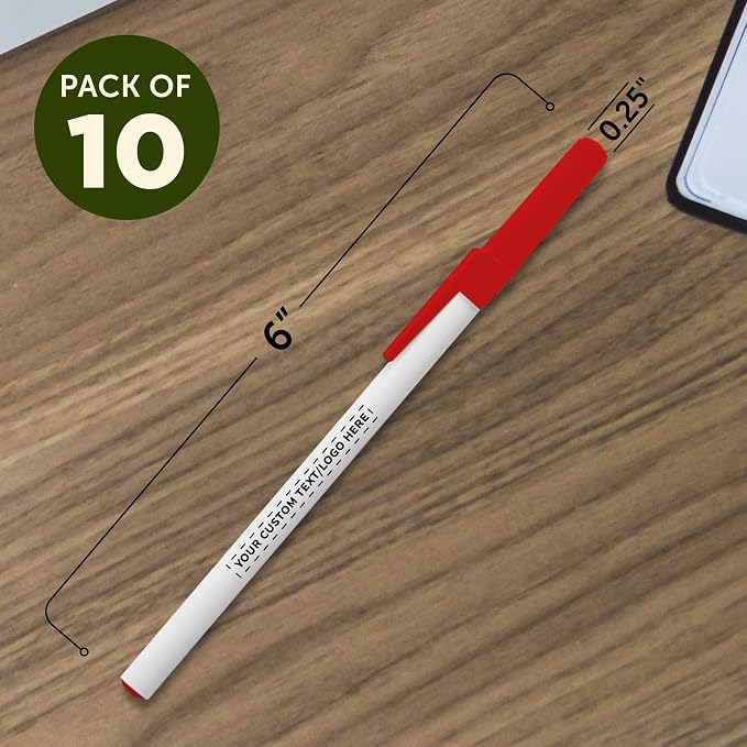 DISCOUNT PROMOS Custom Value Stick Pens Set of 10, Personalized Bulk Pack - Blue Ink, Great for Office, School, Business, Tradeshows, Events - Red Cap