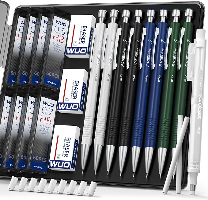 WUO 0.5 & 0.7 mm Mechanical Pencils with Eraser Pen Storage Case, 8 PCS