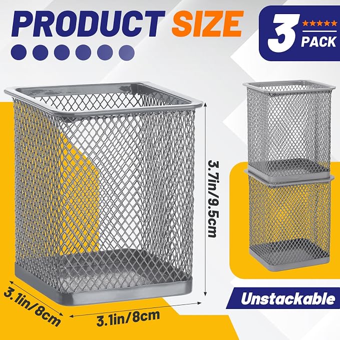 Segarty Pen Holder, 3 Pack Square Silver Pencil Holder for Desktop, Metal Mesh Pen Cup Container Desk Organizer for Office Supplies, School, Home, Makeup Brush Storage