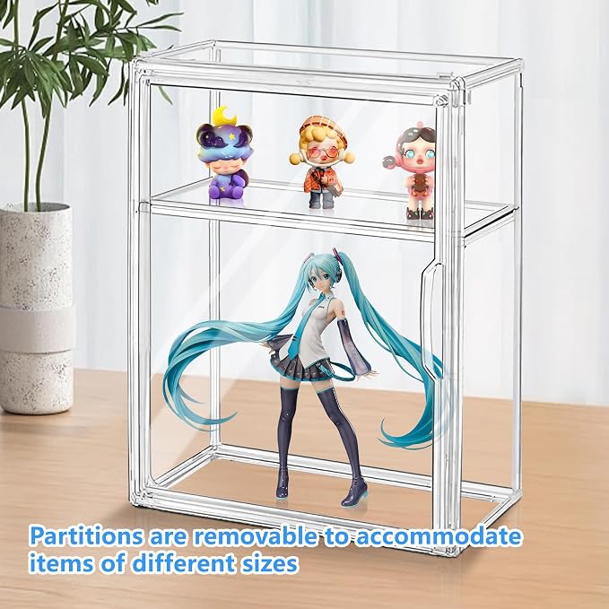 3 Tier Clear Display Case for Figures,Acrylic Storage Organizer Box, 2 Pack | Figure Display Case with 2 Movable Plates, Stackable Display Case with Magnetic Door, Dustproof Showcase for Collectibles