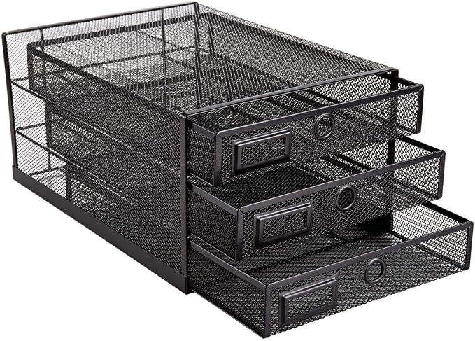 Annova Desk Organizer Wire Mesh 3 Tier Sliding Drawers Paper Sorter/Multifunctional/Premium Solid Construction for Letters, Documents, Mail, Files, Paper, Kids' Art Supplies (Black)