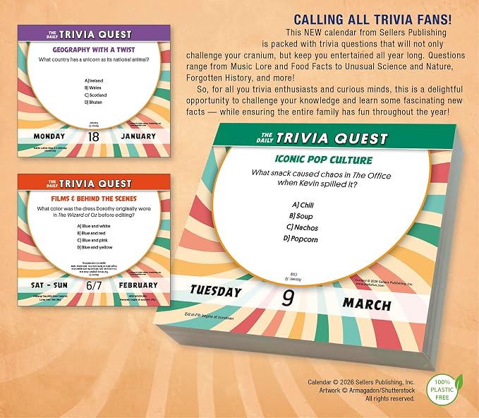 The Daily Trivia Quest 2027 Daily Desk Calendar: Boxed Page-a-Day Calendar for Home and Office Organization with Full-Color Tear-Off Pages & Cardboard Easel