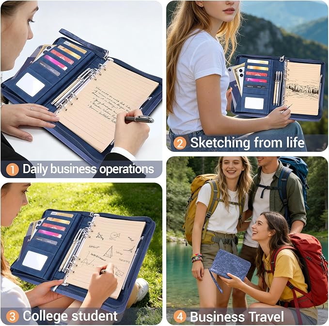 A5 Binder 6 Ring with Zipper, Portable Planner for Travel & Study | Faux leather A5 planner with detachable 6 rings, lined pages, pouches, card slots and pen holder for daily use.