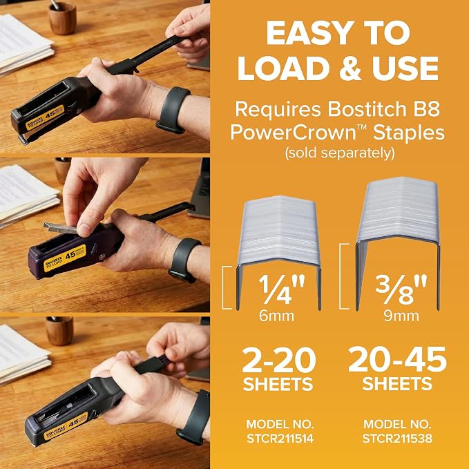 Bostitch B8 Heavy Duty Plier Stapler, 2-45 Sheet Capacity, No-Jam Technology, All-Metal Construction, Full Strip 210 Staple Capacity, Uses 1/4” & 3/8” B8 PowerCrown Staples, Black