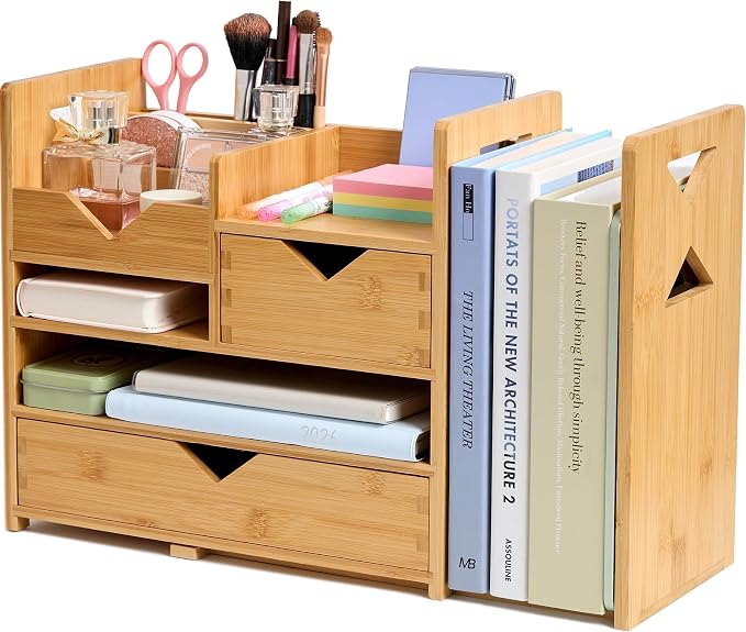 Pandorama Bamboo Desk Organizer Medium - Drawers & Adjustable File Holder, Fully Assembled Wood Desktop Storage for Kitchen, Bedroom, Bathroom, Study Room
