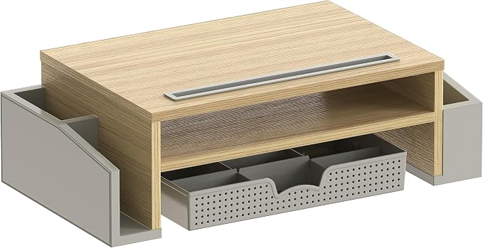 Simple Houseware Desk Monitor Stand Riser w/ Adjustable Tray, Oak | Built-In Tablet Slot and Side Storage