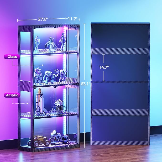 AODK Display Cabinet with RGB Lights, 4-Tier Display Case with Glass Doors | Glass Display Shelf for Collectibles and Storage, Black Curio Cabinet for Gaming Room, Living Room