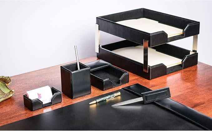 DACASSO Bonded Leather Desk Set - Luxury Leather Desk Pad & Desk Organization Essentials - Office Organization & Executive Desk Decor - (Black, 8 Piece)