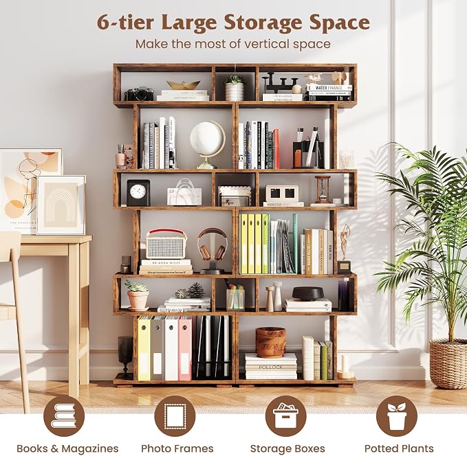 Tangkula 6-Tier S-Shaped Bookshelf, 64" Freestanding Geometric Bookcase, Home Office Wood Storage Shelf with Anti-Toppling Device, Room Divider Display Rack for Study, Living Room (1, Rustic Brown)