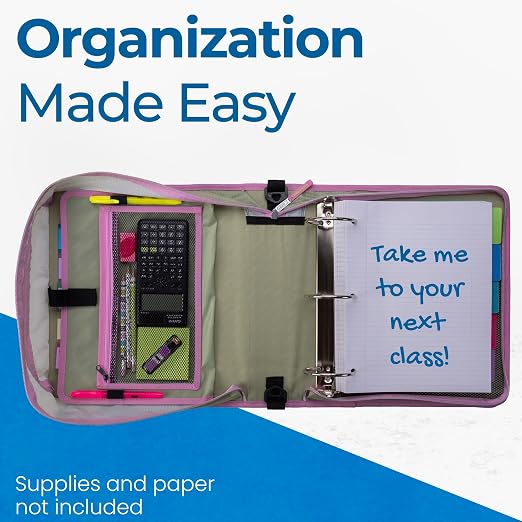 Case-it School Zipper Binder | 3" O-Rings | 600-Sheet | D-146 Fun Flowers | Mighty Zip Tab, 5-Subject Expanding File Folder, Multiple Pockets, Storage Organizer, Shoulder Strap, Office