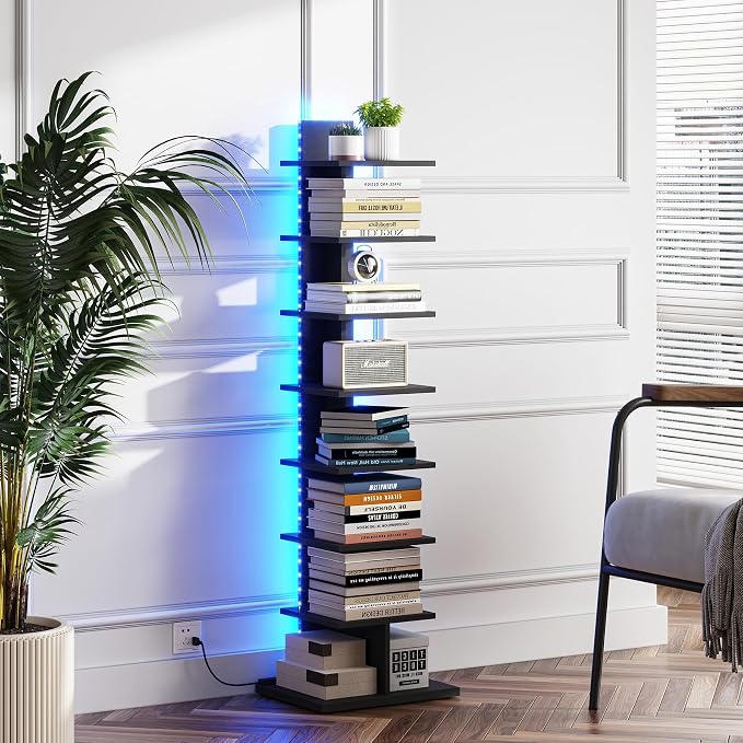TUTOTAK Book Shelf, Narrow Spine Bookshelf, 8-Tier Bookcase with LED Lights | 10.4 x 13.4 x 47.5 Inches Vertical Freestanding Corner Shelf for Living Room, Office, Small Space, Black BS06BK008L