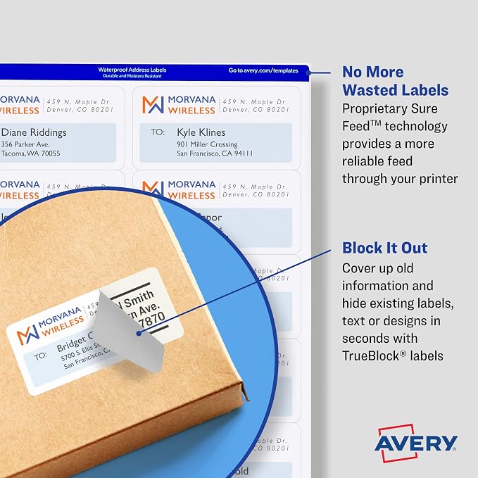 Avery Printable Shipping Labels with Sure Feed, 3-1/2" x 5", White, 400 Blank Mailing Labels for Laser Printers (5168) (Pack of 5)