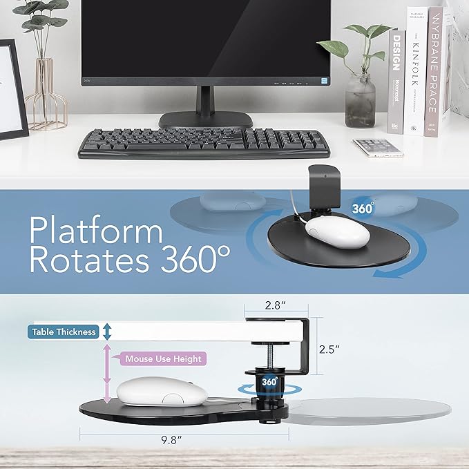 EHO Clamp-On Under Desk Mouse Tray, 360° Swivel Ergonomic Platform with Cable Organizer, Smooth Glide Surface for Gaming or Office, Fits Desks 0.5"-1.5" Thick, Tool-Free Install, TAA-Compliant