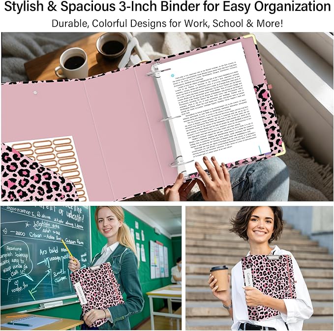 3 Ring Binder 3 Inch, Cute Round Ring Binder with 6 Tab Dividers & Label Stickers, Low Profile Clipboard with Storage, Fashion Binder for School Office Supplies (Pink Leopard)