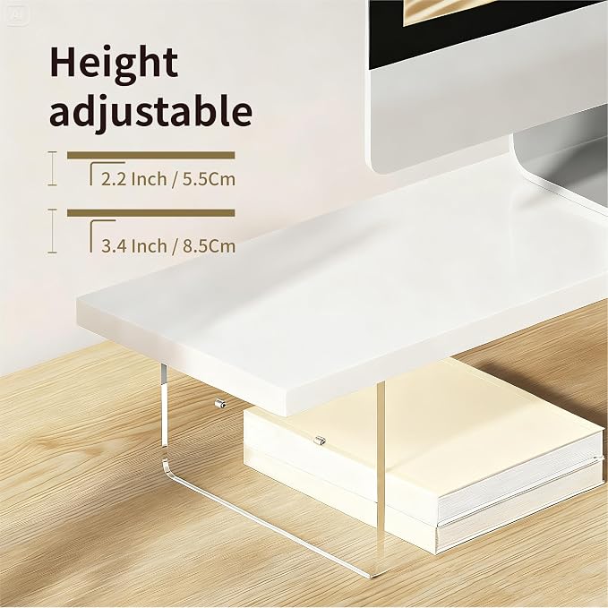 Wood Monitor Stand Riser with Acrylic Legs, Computer Screen Stand Desk Organizer, 31.5 x 7.9 x 3.1 inch, Hold up to 66 lbs (White, 31.5"×7.9"×3.1")