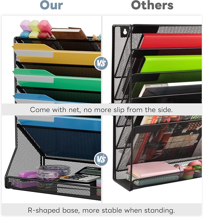 Jakyitvi Wall Mounted File Organizer, Metal Frame Mesh Desktop Sorter | 5-tier hanging style, 4 pull-out dividers, mail sorter, sturdy office supplies, stable R-shaped base, hardware included