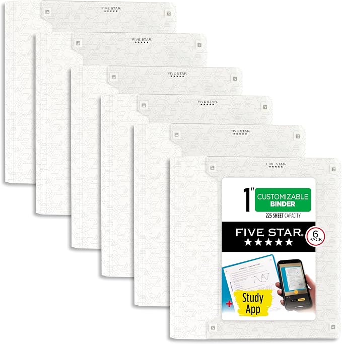 Five Star 3-Ring Binder + Study App, 6 Pack, 1 Inch Binder with D Rings and Customizable Clear View Cover, 225 Sheet Capacity, White (261440B-ECM)
