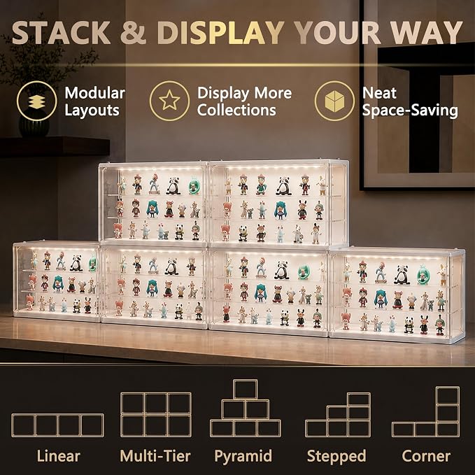 Clear Display Case for Collectibles, 3-Tier Adjustable Figure Display Case with LED Light, Stackable Acrylic Showcase with Magnetic Door for Model Figures, Jewelry & Collectibles (White)