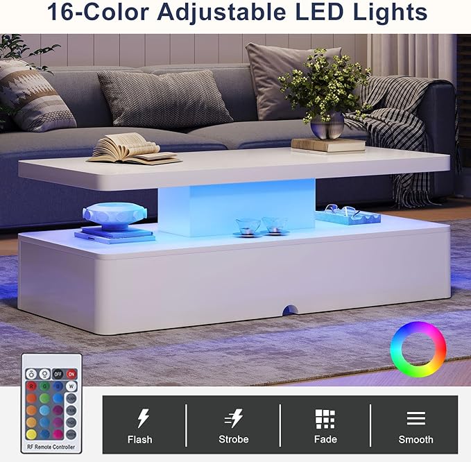 MXV Modern Coffee Table, 47 Inches Coffee Tables with 16 Colors LED Lights, 2 Tier Rectangular Center Table, Large Storage Space, High Glossy Wooden Tea Table for Living Room, Bedroom, Office, White