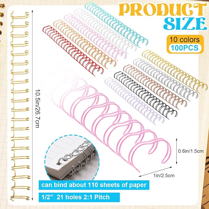 100 Pcs Metal Double Loop Binding Wires 1/2 Bulk Cinch Binding Wires Double Spiral Ring Coil 10 Colors Twin Spines Combs 21 Holes 2: 1 Pitch Cinch Coil Machine Wire