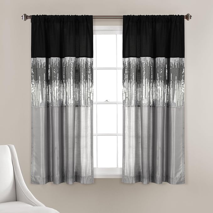 Lush Decor Night Sky Window Curtain Panel, Single 42"W x 63"L Black & Gray - Sequin Backdrop Curtain - Room Darkening Curtains For Bedroom - Glam Decor