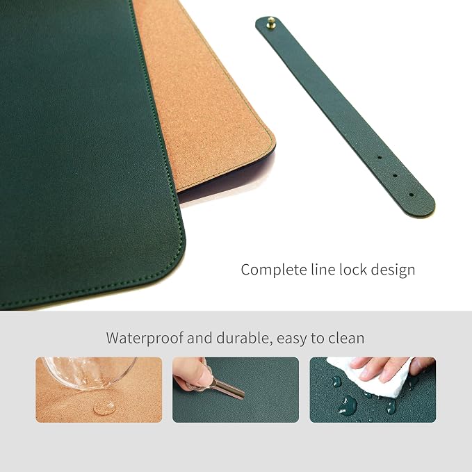 RENMTURE Dual-Sided Mouse Pad, Natural Cork & PU Leather Large Desk Pad for Office and Home Work, Desk Protector Non-Slip, Waterproof, Easy Clean (Dark Green, 32"x16")