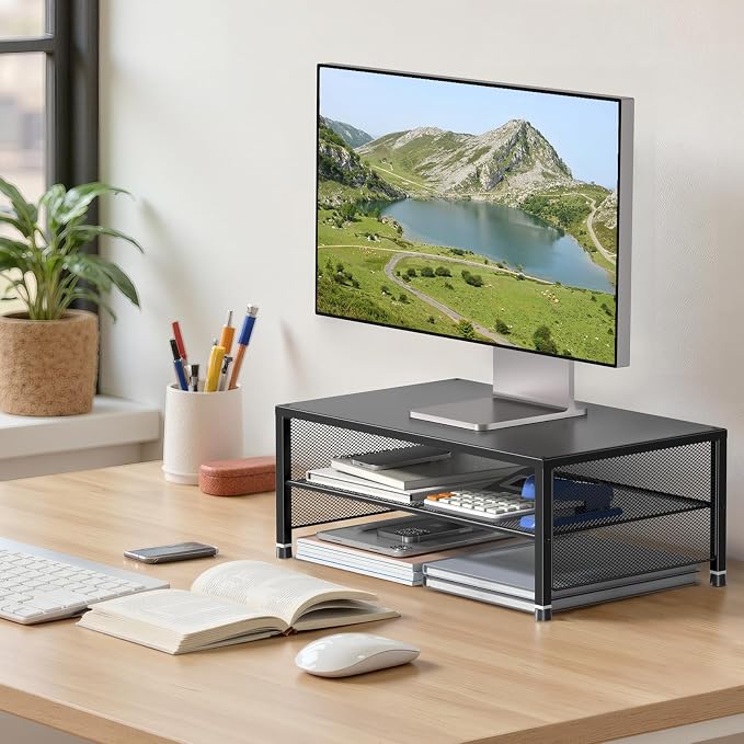 ECOLOVI 2-Tier Computer Monitor Stand Riser, Printer & Laptop Stand, Office Desk Accessories, Workspace Desk Organizer for Home Office Supplies, Black 2-Pack