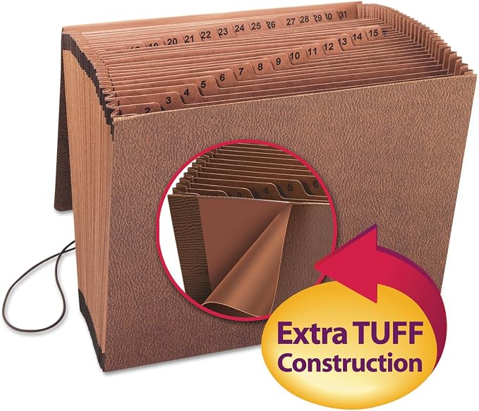 Smead TUFF Expanding File, 31 Pockets, Daily (1-31), Flap and Cord Closure, Letter Size, Redrope (70367)