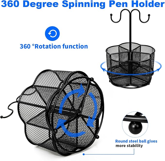 Pen Holder for Desk,360 Degree Rotating Pencil Holder Organizer | 5 Compartments,Large Capacity Pencil Holder for Desk,Metal Rust Prevention,Pen Organizers for Home(Black, With hook)