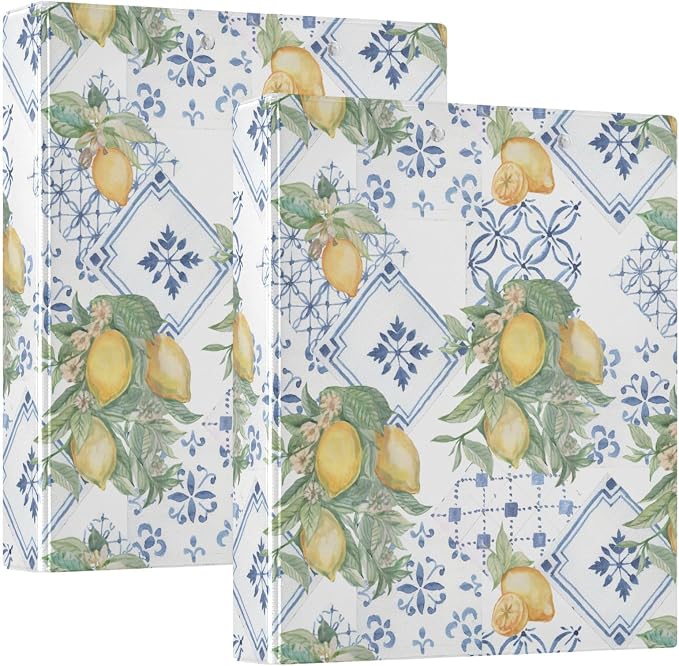 French Blue Tile Yellow Lemon Binder 3 Ring 1.5 Inch Binder with Clipboard&Pockets, Hardcover Binders Heavy Duty Large File Folder for Office School Supplies - Holds 200 Sheets,2 PC