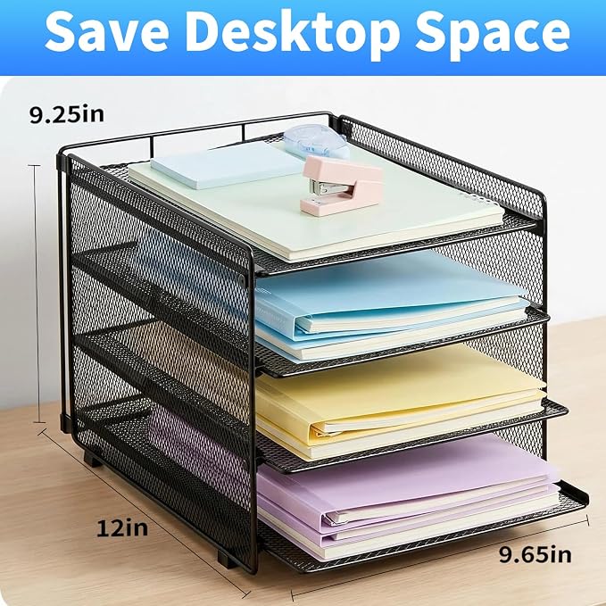 Desk Organizer, 4-Tier Paper Organizer Letter Tray, Black | Desk Organizers and Accessories, Office Desk Accessories & Workspace Organizers, Desktop File Organizer for Office Supplies