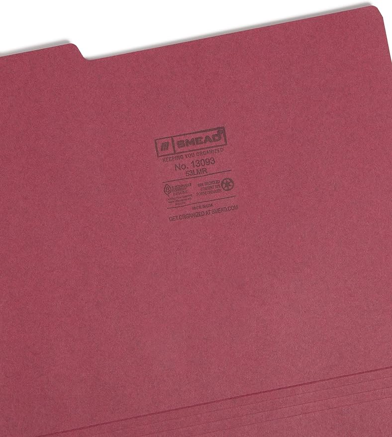 Smead Colored File Folder, 1/3-Cut Tab, Letter Size, Maroon, 100 per Box (13093)
