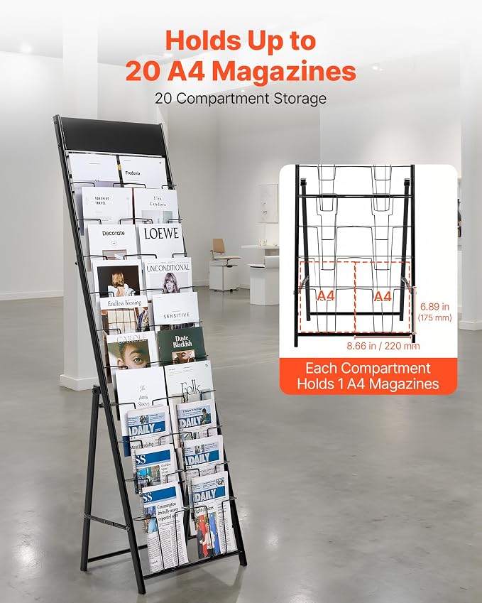 VEVOR Brochure Display Rack, 20 Pockets Magazine Literature Display Stand, Portable Floor Standing Magazine Rack, Metal Newspaper Catalog Holders for Shop, Exhibitions, Office, Trade Show, Black