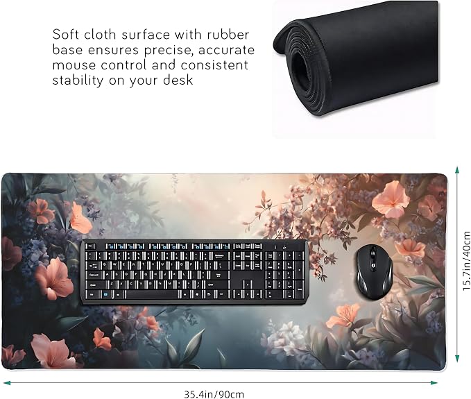 Cute Floral Aesthetic Azalea Gaming Mouse Pad, Ink Blue Red Dreamy Desk Mat with Anti-Slip Base & Stitched Edges,35.4" x 15.7" in Table Mat for Computer Desktop, Beautiful Workstation Decor