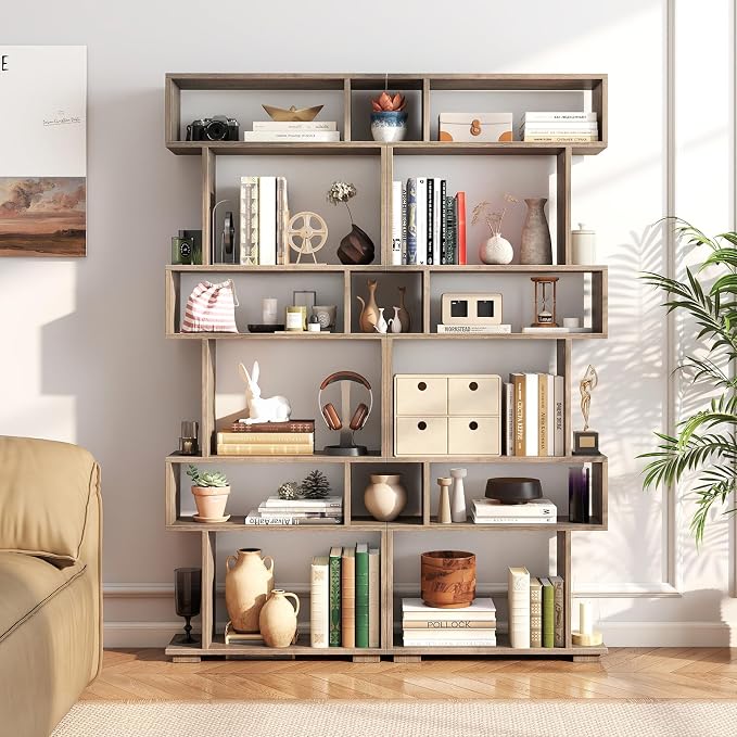 Tangkula 6-Tier S-Shaped Bookshelf, 64" Freestanding Geometric Bookcase, Home Office Wood Storage Shelf with Anti-Toppling Device, Room Divider Display Rack for Study Living Room (1, Grey Oak)