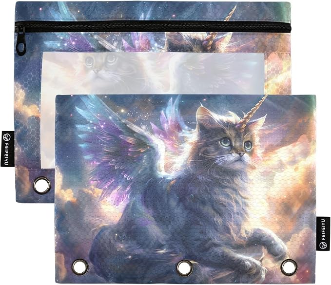 Unicorn Cat with Wings Pencil Pouch for 3 Ring Binder, 2 Pack Waterproof Pencil Bags Clear Window Pencil Case Zipper School Office Supplies