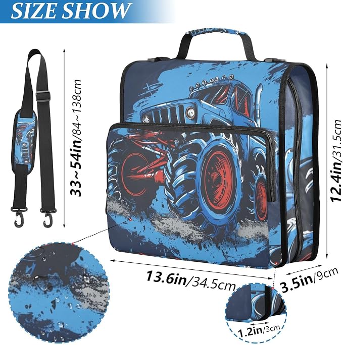 Truck Blue 3 Ring Binder Bag 1.5 inch Binder Organizer with Zipper Shoulder Strap 500 Sheet Documents Storage for School Office
