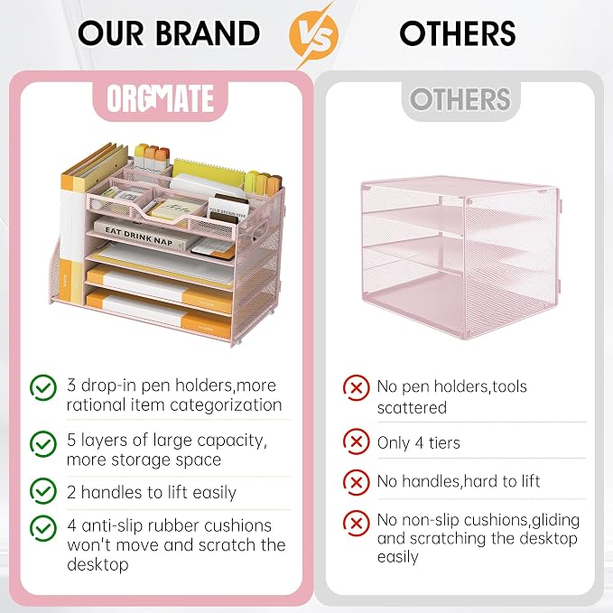 5 Tier Paper Letter Tray Desk Organizer with Pen Holders - Pink | Features 3 pen holders and 4 removable dividers.Versatile mesh desktop storage for mail, document,office supplie