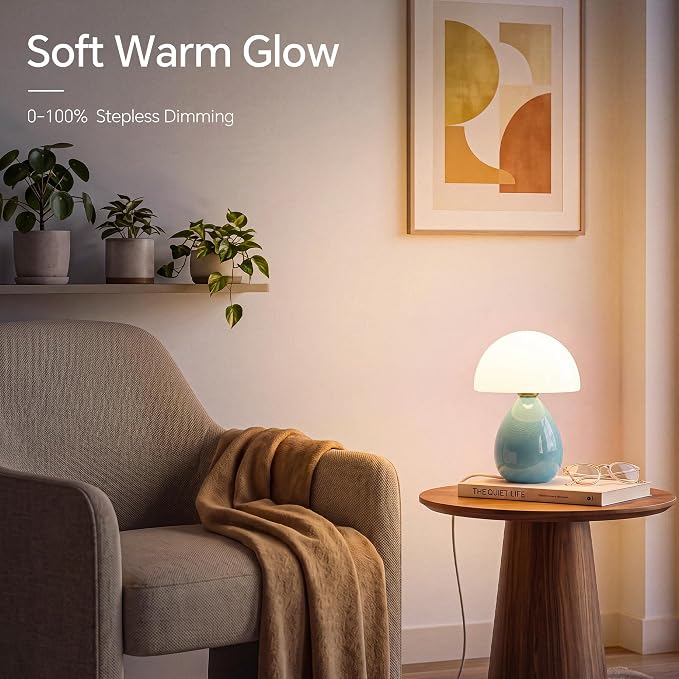 Mushroom Lamp Table Lamp for Bedroom-Small Desk Table Lamps,Blue | Ice Crackle 8.7" Mid Century Modern Table Lamps for Living Room Bedroom Decor,Ceramic Lamps for Home Room Decor,Glass Shade