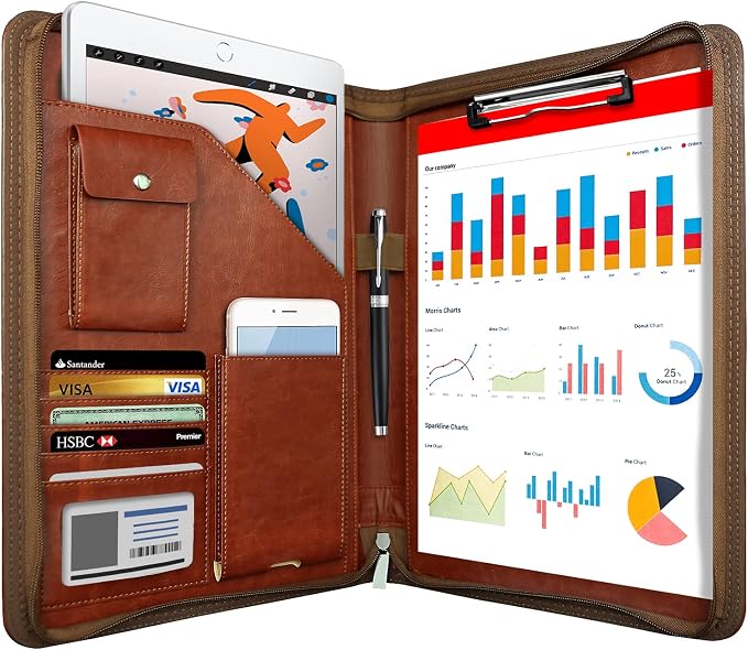 WRIYES Zippered Padfolio Organizer, 10.2 Inch Portfolio Folder, Brown | Leather Planner Binder, For Documents, Letter Size, Business Card Holder, For Men & Women