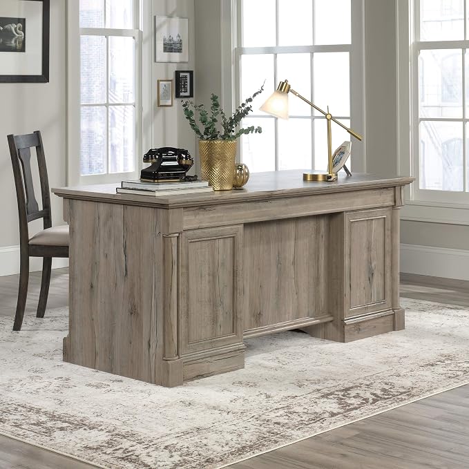 Sauder Palladia Office Desk with Drawers, Executive Desk with File Cabinet Storage, Cable Management, Keyboard Tray, in Split Oak Finish
